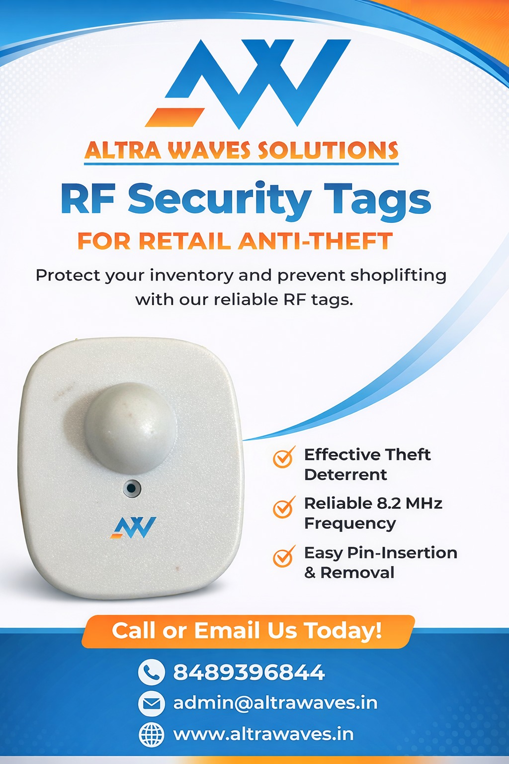 RF white security tag attached to clothing for retail anti-theft protection